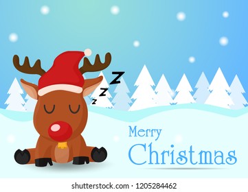 Merry Christmas. The reindeer is tired of sending gifts to the children so they sleep on the snow.