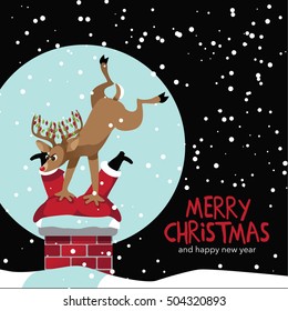 Merry Christmas Reindeer trying to stuff stuck Santa Claus down the chimney. EPS 10 vector.