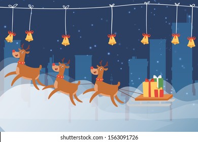 Merry Christmas reindeers sleigh with a sack of gifts in Christmas snow scene vector illustration. Greeting card poster horizontal banner with christmas bells garland background and winter deers.