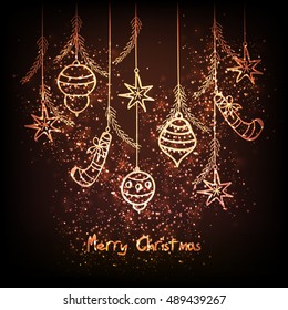 Merry Christmas related hanging elements on shiny background.