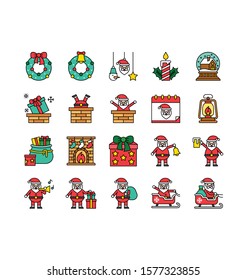merry Christmas related ribbon wreath, bell wreath, decoration globe, gift boxes in sack, Santa brick, Santa sled, gift box, and dry socks on firewood vector in filled design