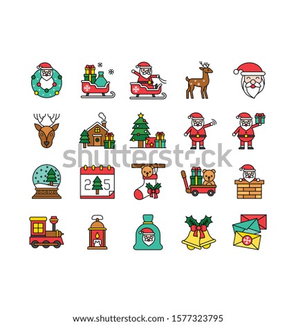 merry Christmas related santa face wreath, decoration globe, gift boxes, Santa sled, bear in socks, santa character, santa waving hand, calendar, and train vector in filled design