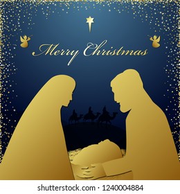 Merry Christmas religious greeting. Son of god was born spiritual biblical history. Square dark blue background, silhouette of couple and wise men characters Isolated graphic xmas icon design template