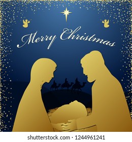 Merry Christmas religious greeting. Son of god was born spiritual biblical history. Square dark blue background, silhouette of couple and wise men characters Isolated graphic xmas icon design template