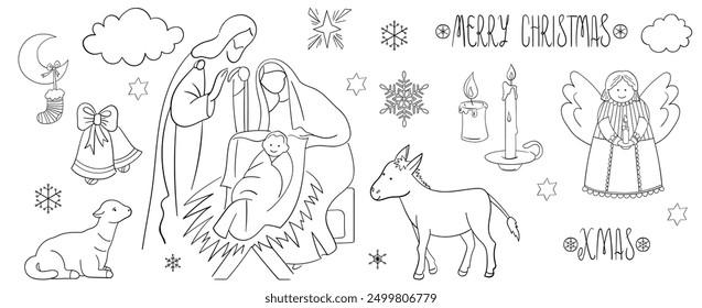 Escena religiosa de Navidades alegres del nacimiento de Cristo. Conjunto de familia santa, burro y oveja, velas, copos de nieve, estrella, ángel, campanas, letras de vacaciones dibujadas a mano. Doodles, Ilustración vectorial en la fila 