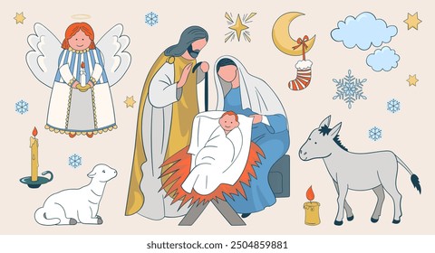 Merry Christmas religious scene of Christ's birth. Set of holy family, donkey and sheep, candles, snowflakes, star, angel, hand drawn holiday lettering. Colorful Doodles, vector illustration