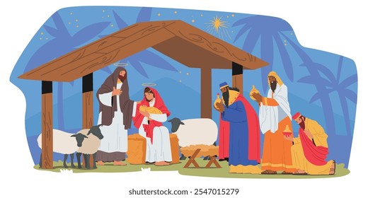 Merry Christmas religious scene of Jesus Christ birth and gifts of magi under star of Bethlehem. Traditional biblical vector illustration with Mary and Jospeh holding child and guests in stable