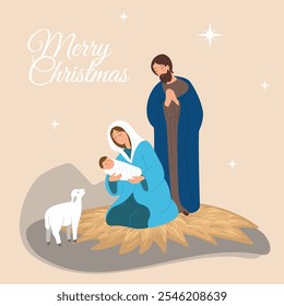 Navidades alegres, escena religiosa con María, José y el niño Jesús, tarjeta de felicitación tierna con Navidades. Ilustración vectorial