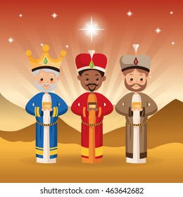 Merry Christmas represented by three wise men icon over desert landscape. Colorfull illustration.
