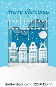 Merry Christmas residential buildings. Houses and moon with stars. Dark night and blizzard and snowdrift. Festive atmosphere in the district vector