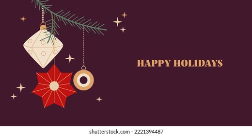 Merry Christmas Retro banner template with vintage ornaments, Xmas holiday baubles, tree decoration, festive New Year figures. Vector illustration in flat geometric cartoon style