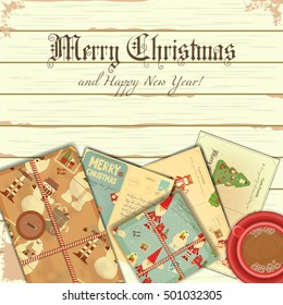Merry Christmas Retro Card - Gifts, Cards and Cup of Coffee on White Wooden Background. Text on Postcard - Christmas Greeting. Vector Illustration.