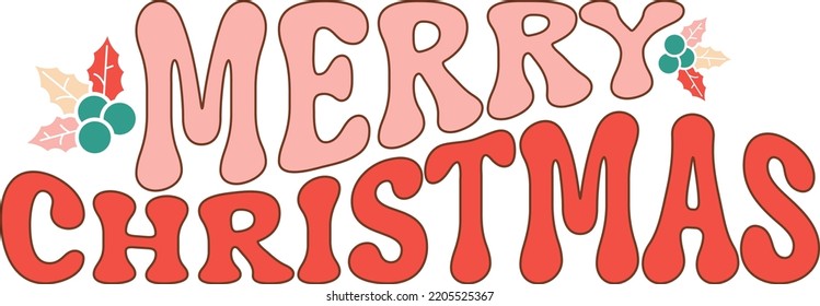 Merry Christmas Retro Christmas Card, greeting, design, T shirt print,  postcard wish, poster, banner isolated on white background. winter cozy themed colorful text vector illustration  