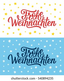 Merry Christmas retro flat greeting cards or flyers set with hand lettering. Xmas greetings text on german language