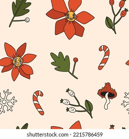 Merry Christmas retro floral seamless pattern, 30s cartoon style. Flowers, mushroom, stars elements 50s, 60s old animation. Vintage comic vector. Beautiful trendy wrapping paper seamless repeat swatch