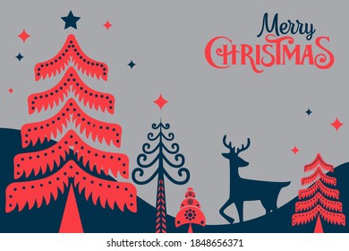 Merry Christmas retro folk pine tree web template and Happy New Year background for holiday greeting card, invitation, party flyer, poster, banner.