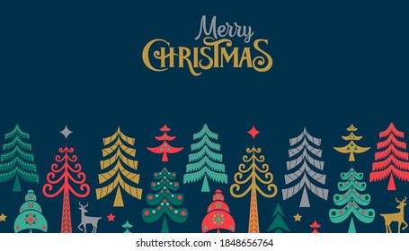 Merry Christmas retro folk pine tree web template and Happy New Year background for holiday greeting card, invitation, party flyer, poster, banner.