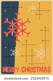 Merry Christmas Retro Greeting Card, Vintage Abstract Snowflakes, 1960s Christmas Illustration, Sixties Colors and Style 