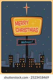 Merry Christmas Retro Greeting Card, Retro Cartoon Style Cityscape, Signboard, 1960s Christmas Illustration, Sixties Colors and Style 