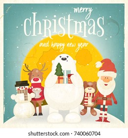 Merry Christmas Retro Greeting Card - Santa Claus and Xmas Characters. Vector Illustration. Square Format.