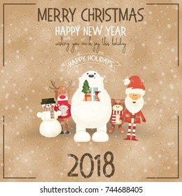 Merry Christmas Retro Greeting Card - Santa Claus and Xmas Characters on Vintage Craft Paper Background. Vector Illustration. Square Format.