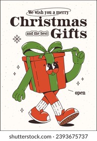 Merry Christmas Retro Groovy Poster with funny cartoon gift box character. We wish you a merry christmas and the best gifts. Vibes in 60s-70s style.