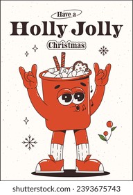 Merry Christmas Retro Groovy Posterwitn funny cartoon cocoa character. Have a holly jolly Christmas. Vibes in 60s-70s style.