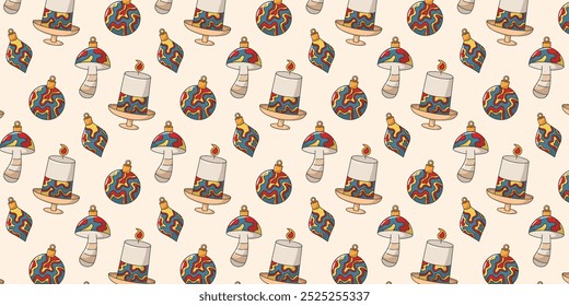 Merry Christmas retro groovy seamless pattern with Christmas toys, mushroom and candle. New Year winter vector background.
