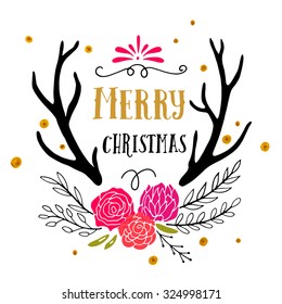 Merry Christmas retro hipster poster with hand lettering, antlers and flowers. This illustration can be used as a greeting card, poster or print.