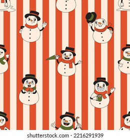 Merry Christmas Retro Holiday Seamless Pattern With Snowman, 30s Cartoon Style. Stars Elements 50s, 60s Old Animation. Vintage Comic Vector. Beautiful Trendy Wrapping Paper Seamless Repeat Swatch