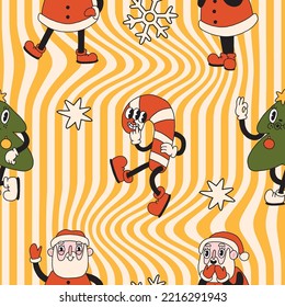 Merry Christmas Retro Holiday Seamless Pattern With Characters, 30s Cartoon Style. Stars Elements 50s, 60s Old Animation. Vintage Comic Vector. Beautiful Trendy Wrapping Paper Seamless Repeat Swatch