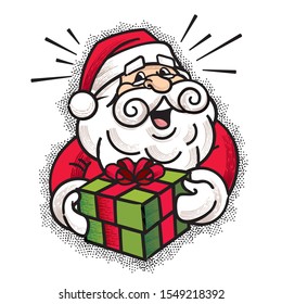 Merry Christmas! Retro illustration of Santa Claus holding Christmas gift present. - Retro vector character