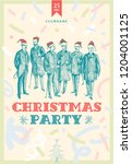 Merry Christmas retro party design template. Christmas holidays flyer or poster design. People in red Santa's hat Vintage Hand Drawn Gentleman Set. Retro Illustration, engraving style