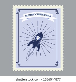 Merry Christmas retro postage stamp with Santa rocket. Vector illustration isolated