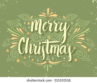 Merry Christmas retro poster with hand lettering and decoration elements. This illustration can be used as a greeting card, poster or print.