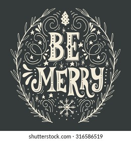 Merry Christmas retro poster with hand lettering, wreath and decoration elements. This illustration can be used as a greeting card, poster or print.