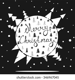 Merry Christmas retro poster with hand lettering. Christmas card decoration element. Christmas Earth