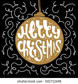 Merry Christmas retro poster with hand lettering, Gold Christmas ball and decoration elements. can be used as a greeting card, poster or print.