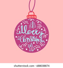 Merry Christmas retro poster with hand lettering, Christmas ball and decoration elements. This illustration can be used as a greeting card, poster or print.