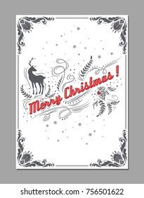 Merry Christmas. Retro poster witn text, deer and decoration elements. Typography greeting poster, banner and postcard