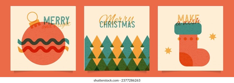 Merry Christmas retro posters set. Vintage paper templates of modern minimalist Xmas square flyers in risograph style. Collection of riso greeting cards, covers for branding of winter holiday. Vector