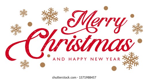 Merry Christmas retro script. Xmas handwritten lettering with tree and snowflakes. Greeting header for poster, invitation, flyer. Red script typography with gold decorative elements for winter holiday