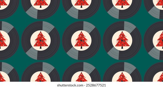 Merry Christmas retro seamless pattern with vinyl record. Vector background for print. 