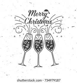 Merry Christmas retro template with Champagne glasses. Vector illustration. Xmas design for congratulation cards, invitations, banners and flyers.