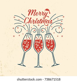 Merry Christmas retro template with Champagne glasses. Vector illustration. Xmas design for congratulation cards, invitations, banners and flyers. Christmas card.