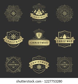 Merry Christmas retro typography vector design elements set. Christmas and Happy New Year quotes labels and badges decoration objects for greeting cards vintage ornaments.