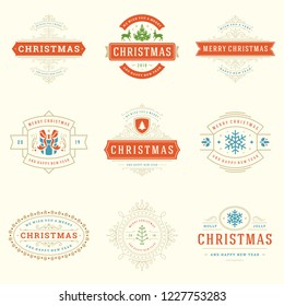 Merry Christmas retro typography vector design elements set. Christmas and Happy New Year quotes labels and badges decoration objects for greeting cards vintage ornaments.