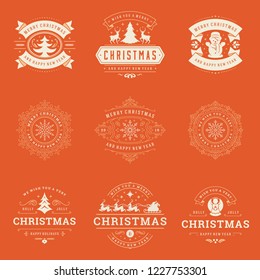 Merry Christmas retro typography vector design elements set. Christmas and Happy New Year quotes labels and badges decoration objects for greeting cards vintage ornaments.