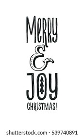 Merry Christmas Retro Vector Poster. Black and White Monochrome Design. Ink Hand Drawn Calligraphy Template for Winter Holidays