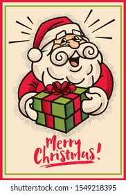 Merry Christmas. Retro vintage style Santa Claus character holding Christmas present gift - vector retro mascot